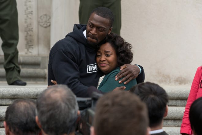 Aldis Hodge (left, with Sherri Shepherd) stars as a high school football star whose NFL dreams are waylaid when he's wrongfully convicted of a crime in the inspirational drama "Brian Banks." (Aug. 9)