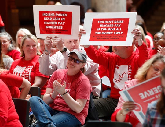 Hundreds of supports turned out for the Indiana Coalition for Public Education and their partners rally in support of better funding for K-12 education at the Indiana Statehouse on Tuesday, April 16, 2019. 