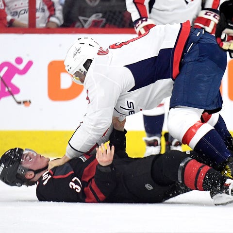Alex Ovechkin knocks out Andrei Svechnikov.