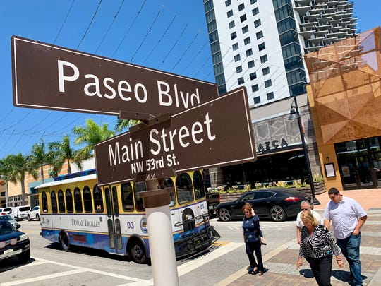 The intersection of Main Street and Paseo Boulevard in downtown Doral, Florida, a city in South Florida where the percentage of foreign-born residents is one of the highest in the country.
