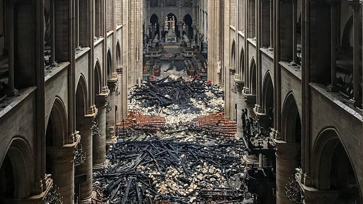 Debris is seen inside of Notre Dame Cathedral on April 16, 2019. 