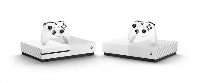 Xbox One S, left, and the Xbox One S All-Digital Edition.