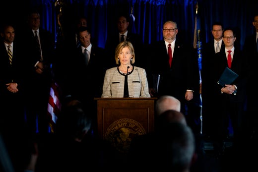 Amy Hess, FBI Executive Assistant director, speaks during an Appalachian Regional Prescription Opioid Strike Force press conference on Wednesday, April 17, 2019, in Cincinnati. The Appalachian Regional Prescription Opioid Strike Force announced that they have charged 60 individuals, including 53 medical professionals, with crimes related to illegal distribution of opioids and other dangerous narcotics. 