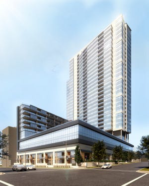 The Convent Hill South high-rise would feature an L-shaped, 27-story apartment tower atop a five-story podium that includes a parking structure and office.