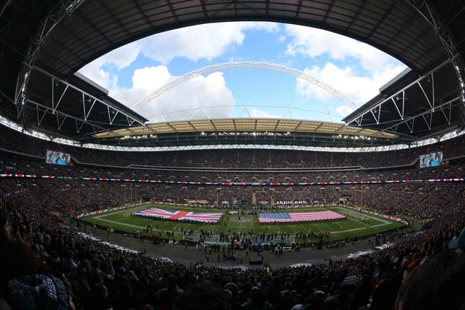 Wemblley Stadium is seen with British and American flags on the field before an NFL International Series game between the Philadelphia Eagles and the Jacksonville Jaguars.