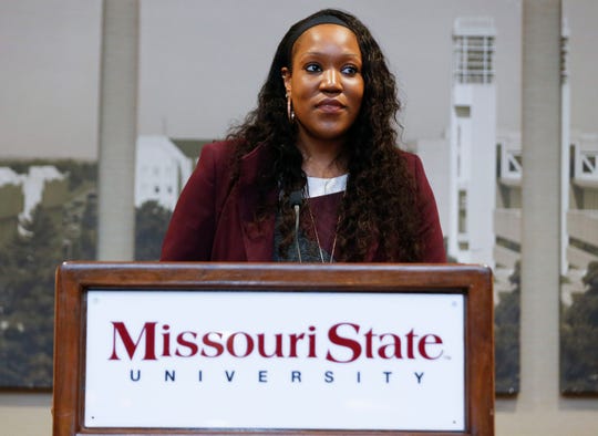 Amaka Agugua-Hamilton speaks for the first time as the Missouri State Lady Bears head coach during a press conference introducing her on Wednesday, April 17, 2019. 