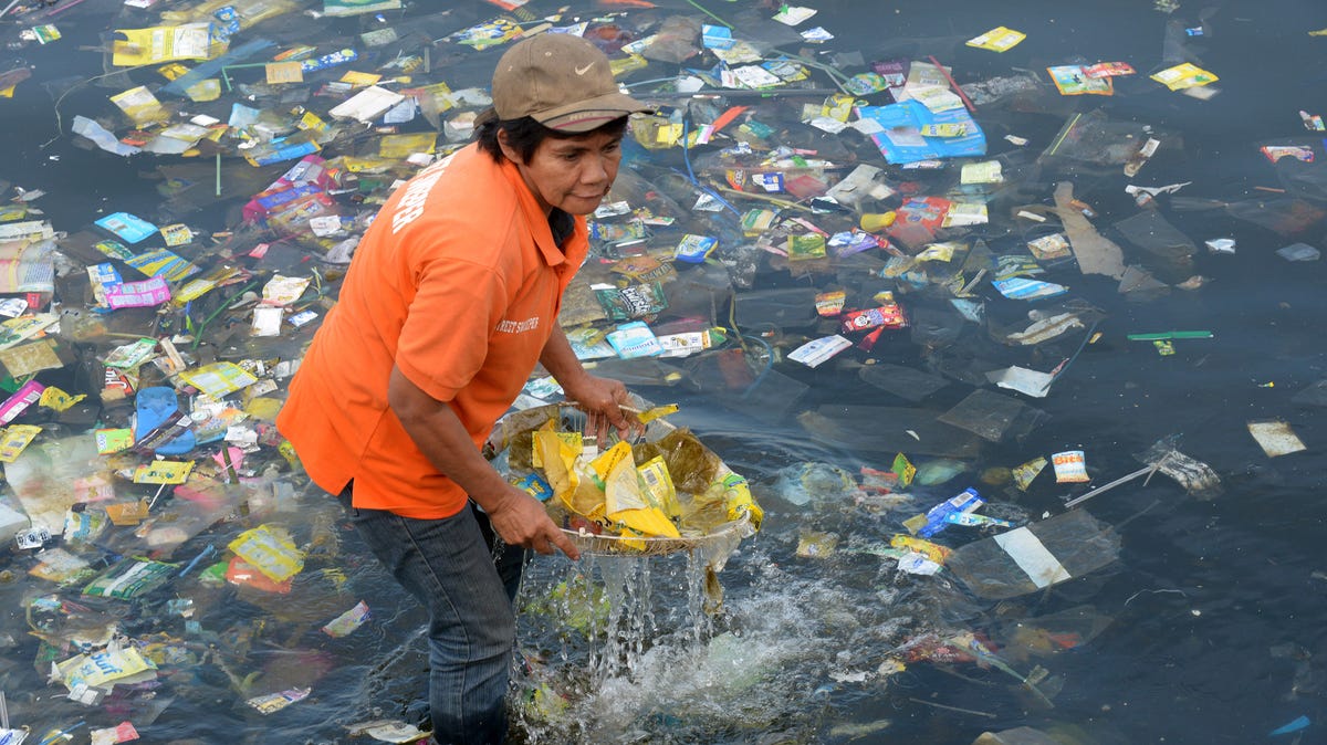 Plastic bags and other rubbish are collected from the waters of Manila Bay in the Philippines on July 3, 2014 during a campaign by environmental activists and volunteers calling for a ban of the use of plastic bags. 