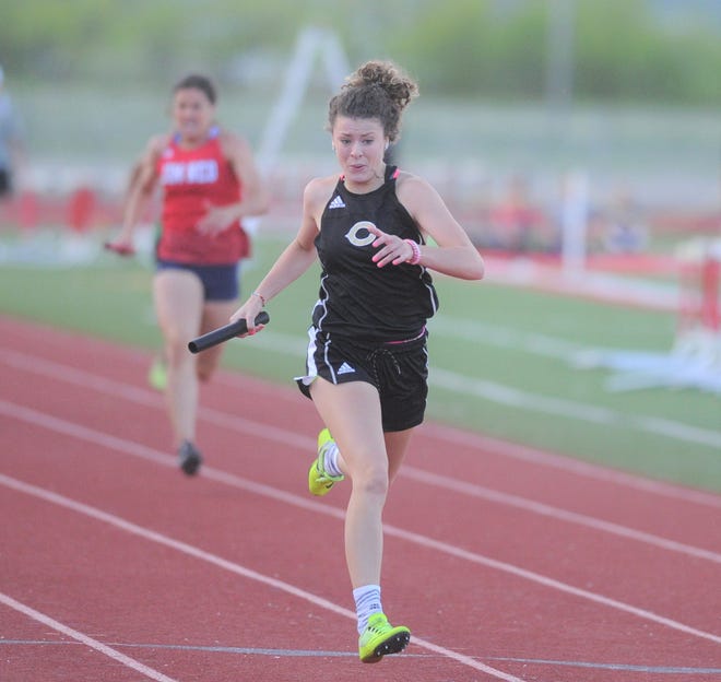 Clyde sophomore Peyton Warren comes down the stretch in the 800 relay at the Districts 5/6-3A area track meet Wednesday, April 17, 2019, at Indian Stadium in Tuscola.