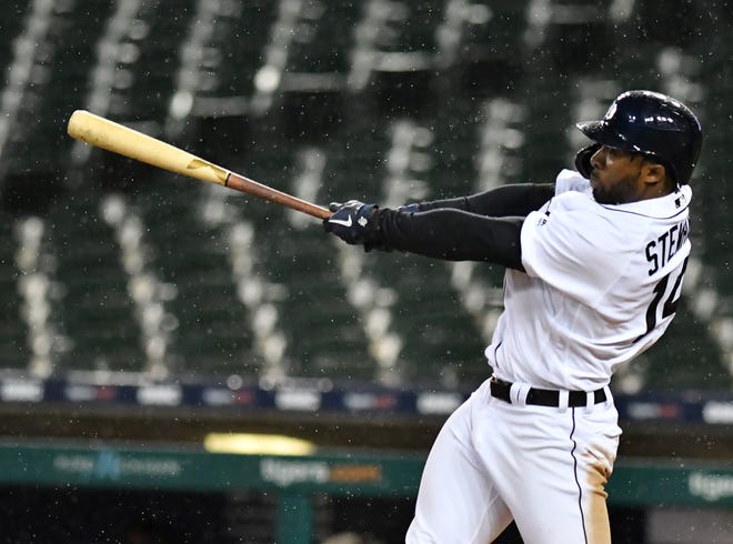 Tigers outfielder Christin Stewart flies out in the eighth inning Wednesday.