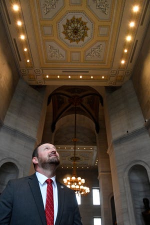 Rep. Brandon Ogles, R-Franklin wants $200,000 for two chandeliers to be placed inside the Capitol in empty spaces where the original 19th-century building design called for them — one to pay tribute to the women who fought for the right to vote, and another to honor the civil rights movement in Tennessee Thursday, April 18, 2019, in Nashville, Tenn. 