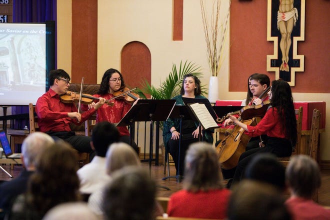 Camerata Del Sol Ensemble, a string orchestra, collaborated with New Mexico State University faculty members Sarah Daughtrey and Laura Spitzer and graduate student soprano Ida Holguin to perform Sunday, April 14, 2019 at St. Albert the Great Newman Center in Las Cruces.