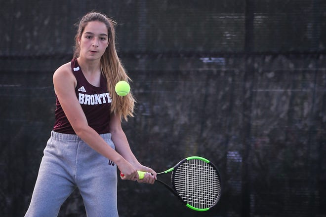 Bronte's Carmen Ruiz-Jimenez swings at the ball during the region II -1A tennis championship Thursday, April 18, 2019, at Bentwood Country Club.