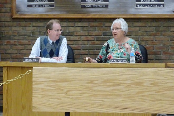 Council President Garnet "Sis" Love sits next to council clerk Todd Hill during a meeting of Bucyrus City Council on Tuesday, April 16.