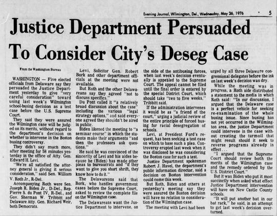 Biden as senator helped organize a group to encourage Justice Department intervention in a court case over the Wilmington school desegregation plan, in this News Journal archival story on May 26, 1976