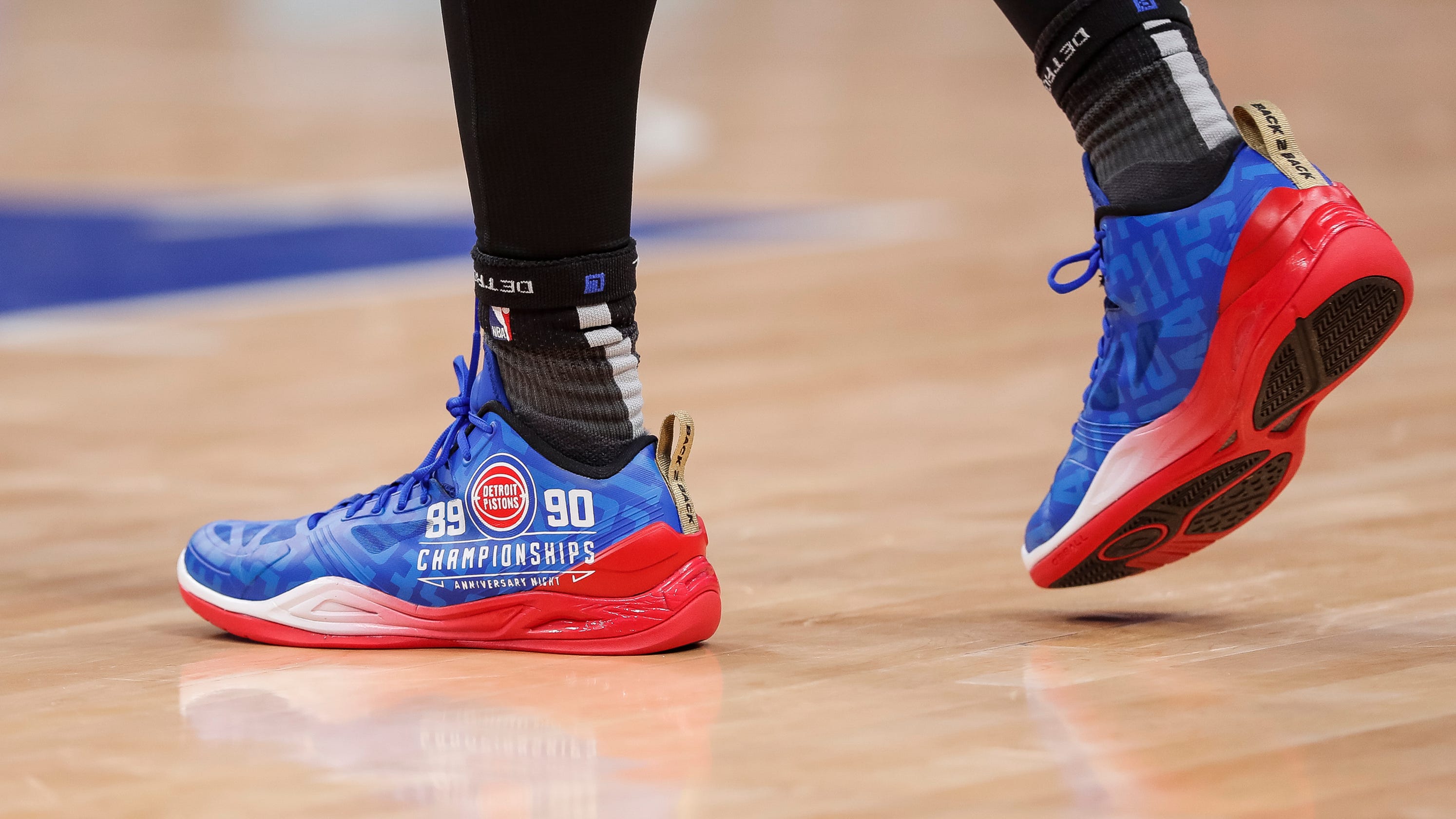 Colorful shoes worn by Detroit Pistons players this season
