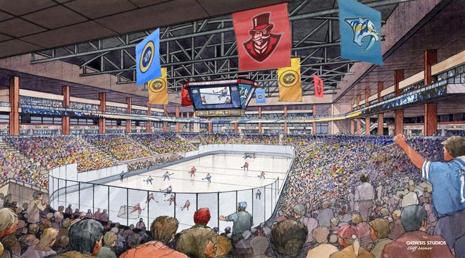 An artist rendering shows the interior of the proposed downtown multi-purpose event center.