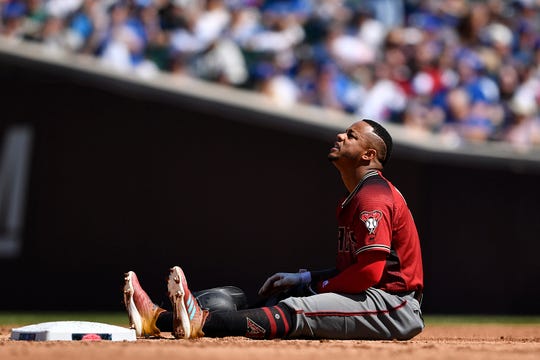 Ketel Marte #4 of the Arizona Diamondbacks reacts at second base after being called out in the fifth inning against the Chicago Cubs at Wrigley Field on April 21, 2019 in Chicago, Illinois.