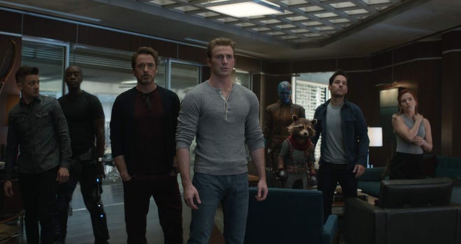 Jeremy Renner, Don Cheadle, Robert Downey Jr., Chris Evans, Karen Gillan, Paul Rudd and Scarlett Johansson in "Avengers: Endgame."