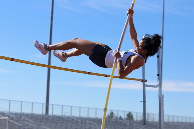Farmington's Kiara Quezada, seen here at the FHS Invitational on Saturday, March 30, at Hutchison Stadium, set a new personal record of 12 feet, zero inches in the girls pole vault event at the Marilyn Sepulveda Meet of Champions Monday in Albuquerque.