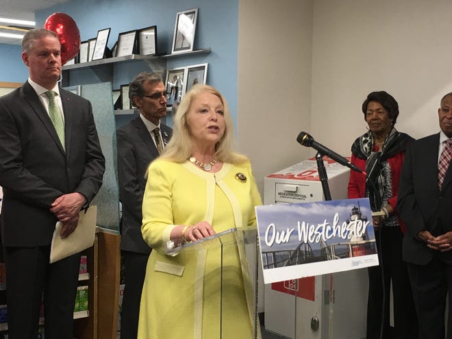 Sherlita Amler, Westchester County health commissioner, speaks to reporters about drug takeback efforts during a news conference at CVS in White Plains, April 23, 2019.
