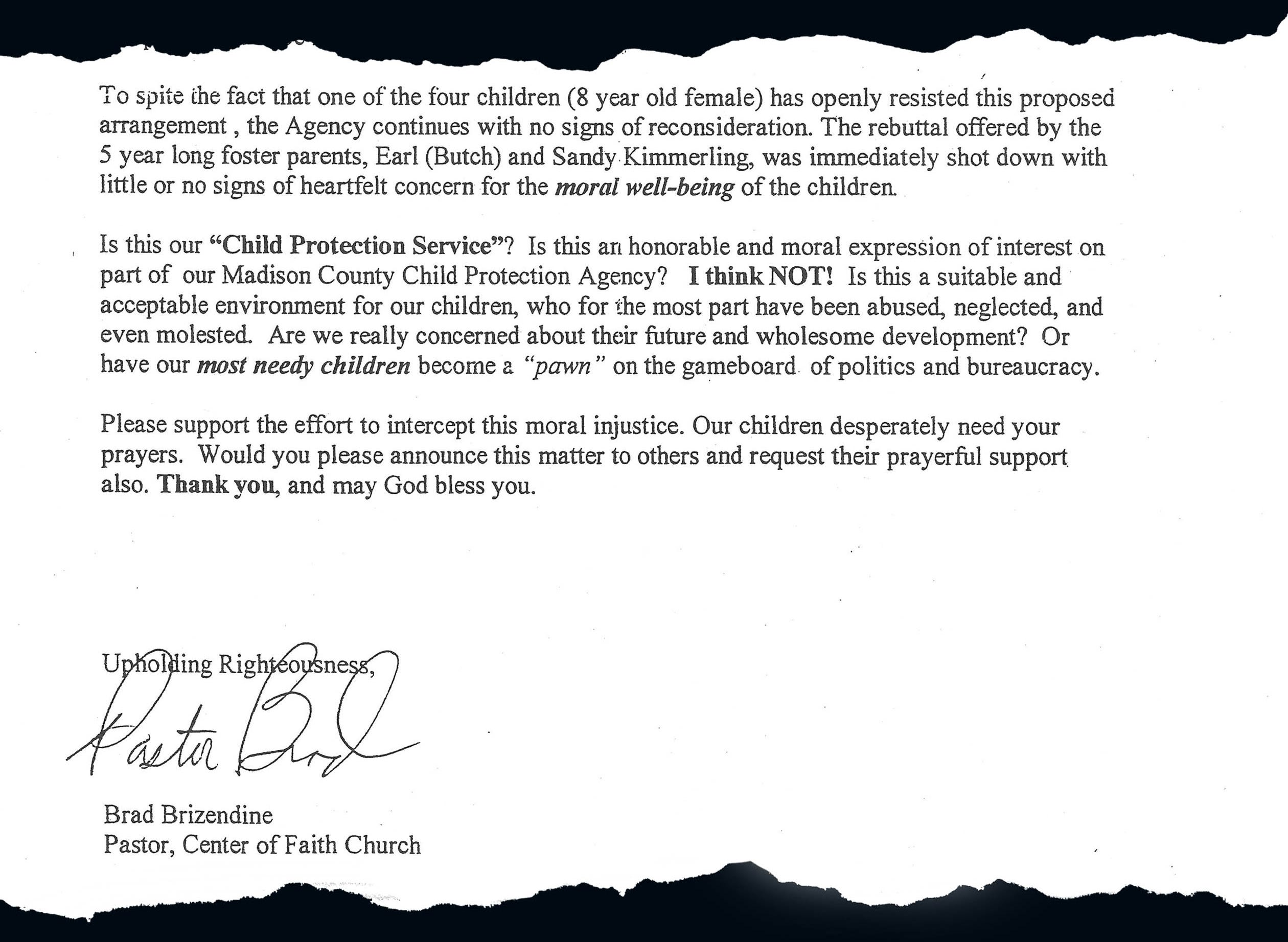 A portion of the letter Brad Brizendine, pastor of Center of Faith Church, sent to area churches.