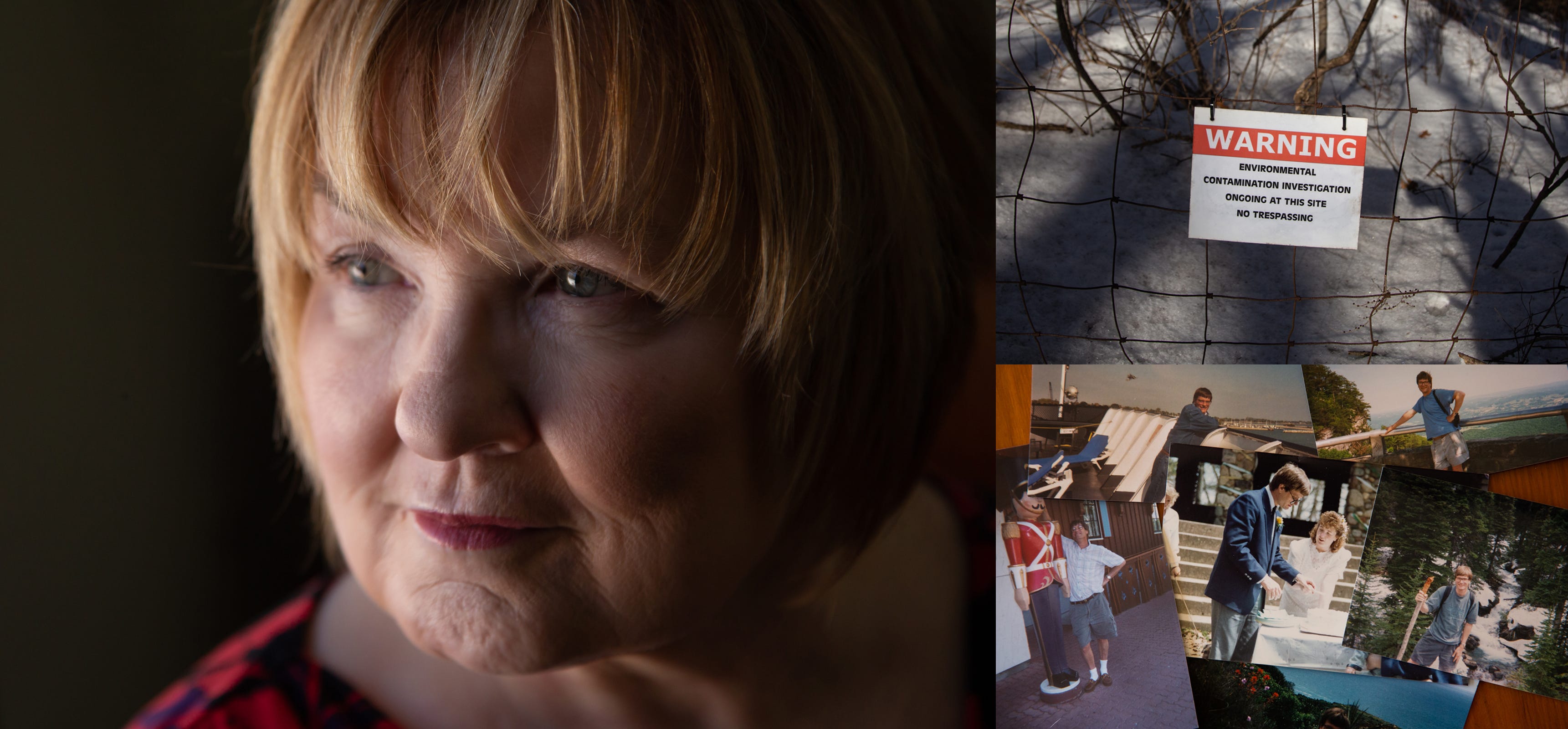 Left: Sandy Wynn-Stelt of Belmont stands in her home on Monday, March 11, 2019. The DEQ informed her in 2017 that her well water had PFAS contamination as high as 78,000 parts per trillion. Top right: A sign posted on a fence around the former House Street landfill in Belmont warning of environmental contamination research. Bottom left: A wedding photo of Sandy Wynn-Stelt of Belmont and her husband Joel Stelt. She has sky-high levels in her blood and her husband died of cancer leaving her wondering if it's related.