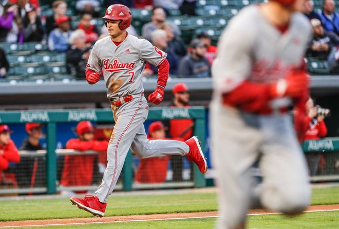 Indiana University Hoosiers outfielder Matt Gorski (7), heads for home plate during a game between the Indiana University Hoosiers and Ball State Cardinals, at Victory Field in Indianapolis on Tuesday, April 23, 2019.
