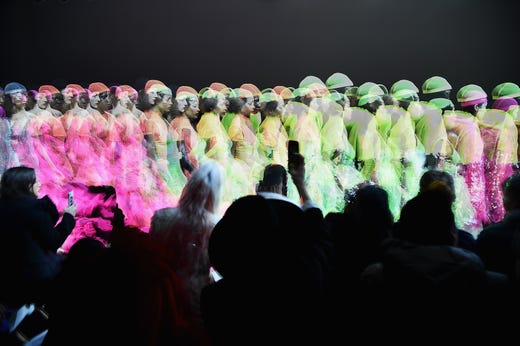 Multiple exposures combined in camera show models walking the runway at the Christian Cowan event during New York Fashion Week on Feb. 12, 2019 in New York City.w