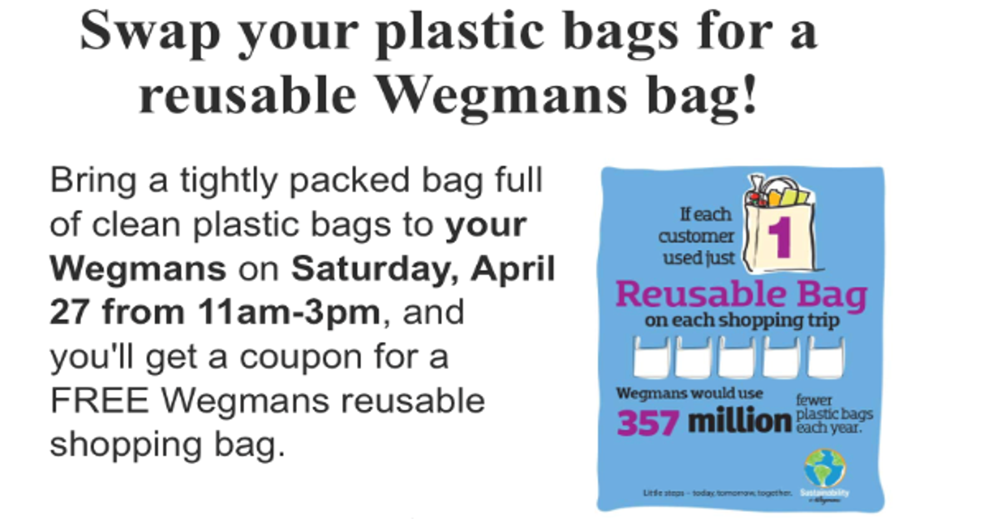 Wegmans customers can exchange reusable bags for plastic ones