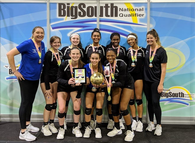 Tallahassee Jrs. Volleyball's 16 Nike Pro team won the Big South National Qualifier and a bid to USA Volleyball Junior Nationals end of June. The team has won two straight national qualifiers, a club record. Bottom row, L-R: Amanda Ray, Hallie Vied, Alexa Washington; Top row, L-R: head coach Erica Bunch, Delaney Atwood, Madison Evans, Emilee Brown, Cailin Demps, Baby Cooksey, assistant coach Kathryn Leckinger; Pictured on iPhone: Macy Maxwell
