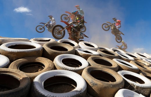 Riders compete in the MX2 class race during the South African National Motocross Championships at Zone 7 raceway in Cape Town, South Africa 30 March 2019. EPA-EFE/NIC BOTHMA