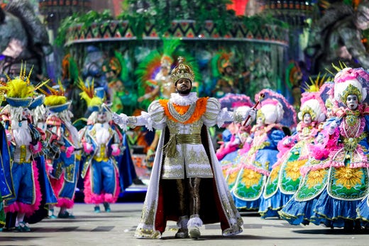 Members of Unidos de Vila Isabel Samba School perform during the parade at the 2019 Brazilian Carnival at Sapucai Sambadrome on March 4, 2019 in Rio de Janeiro, Brazil. 