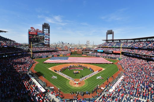 A general view of Citizens Bank Park during the national anthem before the game between the Philadelphia Phillies and the Atlanta Braves on Opening Day at Citizens Bank Park on March 28, 2019 in Philadelphia.