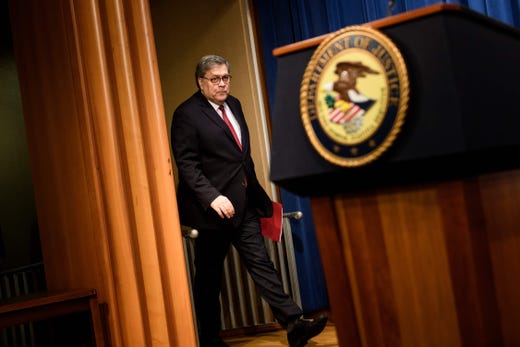 Attorney General William Barr arrives for a press conference about the release of the Mueller Report at the Department of Justice on April 18, 2019, in Washington, DC. 