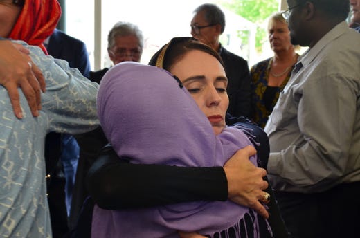 New Zealand Prime Minister Jacinda Ardern (C) meets with members of the Muslim community in the wake of the mass shooting at two mosques, in Christchurch, New Zealand, March 16, 2019. At least 49 people were killed by a gunman and 20 more injured and in critical condition during terrorist attacks against two mosques in New Zealand during Friday prayers on March 15.