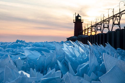 Shards of ice pile up on Lake Michigan along the South Haven Pier in South Haven, Mich., on March 19, 2019. The motion of the water underneath the ice has pushed up sheets of ice into a mesmerizing stacked pattern.