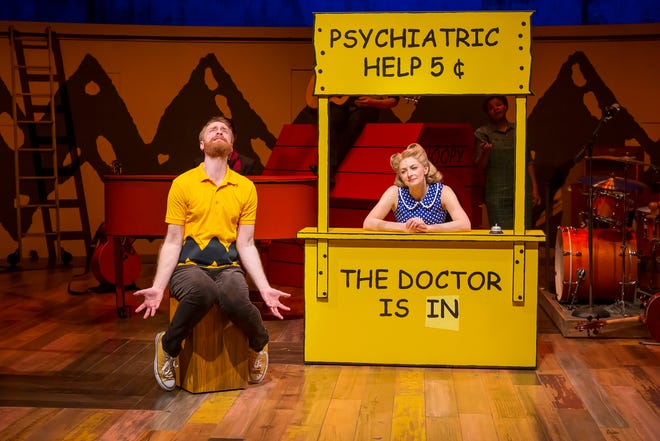 Charlie Brown (Rob Morrison) and Lucy (Lauren Molina) in one of the many iconic scenes from Charles M. Schulz’s “Peanuts” comic strips that is recreated in “You’re a Good Man, Charlie Brown.” The musical, directed by Bill Fennelly, is running at the Playhouse through May 18.