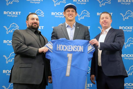 Detroit Lions head coach Matt Patricia, first-round draft pick T.J. Hockenson and GM Bob Quinn, Friday, April 26, 2019, at the practice facility in Allen Park.