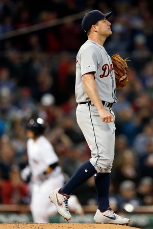 Tigers pitcher Jordan Zimmermann reacts after giving up a two-run home run to Boston's Michael Chavis in the second inning of Thursday's 7-3 loss.
