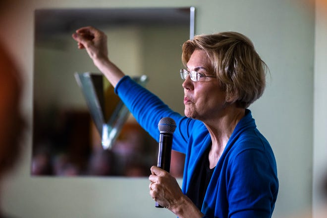 U.S. Sen. Elizabeth Warren, D-Mass., speaks during a campaign event, Friday, April 26, 2019, at the Tipton Family Restaurant in Tipton, Iowa.