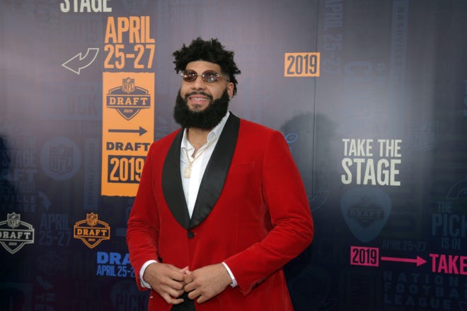 Cody Ford (Oklahoma) on the red carpet prior to the first round of the 2019 NFL Draft in Downtown Nashville. The Buffalo Bills drafted Ford with the 38th overall pick (second round) in the 2019 NFL Draft.
