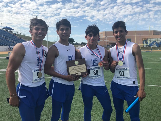Eden High School's Austin Moya (from left to right), Eli Eurestes, Donovan Gonzales and Ethan Saucedo won the boys 4x400-meter relay at the Region II-1A Track and Field Championships Saturday, April 27, 2019, at Angelo State University.