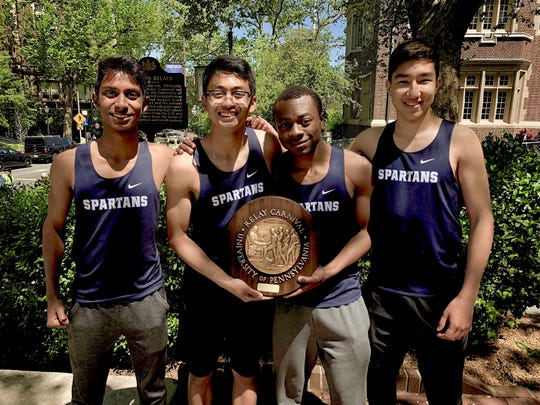 Paramus' 4-x-400 relay team at Penn Relays, from left, Ryan Fernando, Gabe Pineda, Dennis Hemans, and Dan Stipanov went wire-to-wire and won its heat by more than 20 meters to earn the plaque.