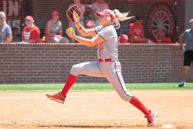 UL's Alison Deville winds up a pitch in the circle as the Ragin' Cajuns take on the Coastal Carolina Chanticleers during their Senior Day game at Yvette Girouard Field on Sunday, April 28, 2019.