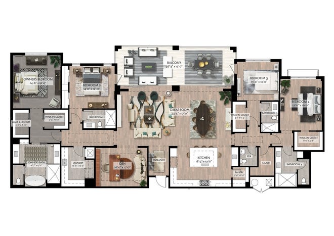 The Quattro “B” floor plan at Naples Square epitomizes the sense of space and style created for each of the new building’s residences.