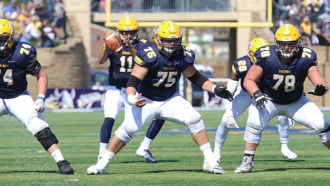 Jake Lacina (75) will enter his fourth year as Augustana's starting center in 2019