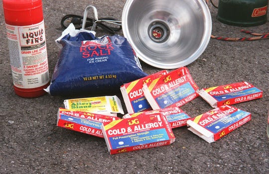 This is a News-Leader file photo. Among the items police confiscated from suspected meth labs are drain line opener, cold medicine, rock salt and a heat lamp.