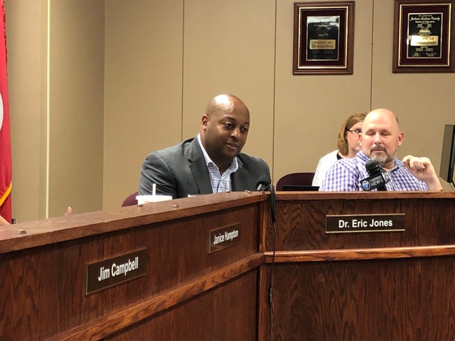 Jackson-Madison County Schools System Superintendent Dr. Eric Jones listens as the school board discusses his June 30 resignation at a special-called board meeting Tuesday