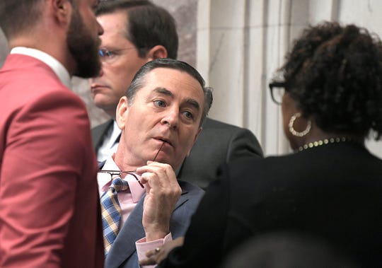 Speaker of the House Glen Casada speaks with Representative Karen Camper during session in Nashville on Wednesday, May 1, 2019. 
