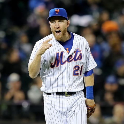 Todd Frazier #21 of the New York Mets celebrates...